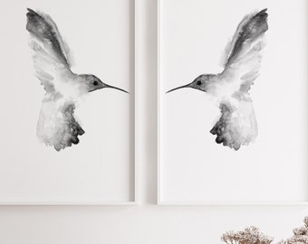 Kolibri Schwarz Weiß Illustration, 2er Set Grauer Colibri Abstrakter Minimalistischer Vogel Kunstdruck, Leinwand Kolibris Wohnkultur Wandkunst