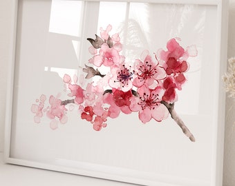 Impresión artística de acuarela de flor de cerezo: pintura floral japonesa