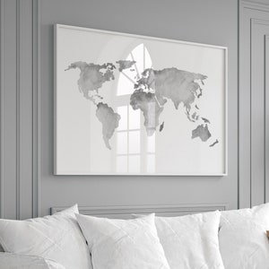Wereldkaartkunst, wereldkaart print, grijs decor kinderkamer, kaart muur decor, kinderkamer poster, cadeau-idee wereldkaart, aquarel kaart schilderij