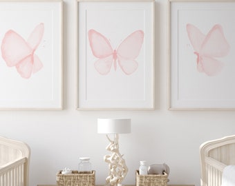 Butterfly Art Print, Baby Pink Nursery Art, set of 3 Prints, Baby Girl Nursery Decor, Kids Room Wall Art, Digital Pink Watercolor Painting