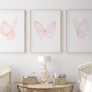 Butterfly Art Print, Baby Pink Nursery Art, set of 3 Prints, Baby Girl Nursery Decor, Kids Room Wall Art, Digital Pink Watercolor Painting