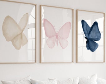 Pink and Blue Nursery Art - Digital 3 Piece Wall Art - Butterfly Wings - Watercolour Butterfly - PNG Painting - Nursery Room Decor - Clipart
