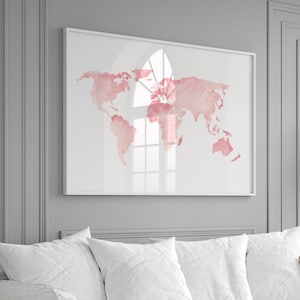 Weltkarte Print, Weltkarte Kunst, Blush Rosa Kinderzimmer Dekor, Karte Wanddeko, Kinderzimmer Poster, Weltkarte Geschenkidee, Aquarell Karte Gemälde