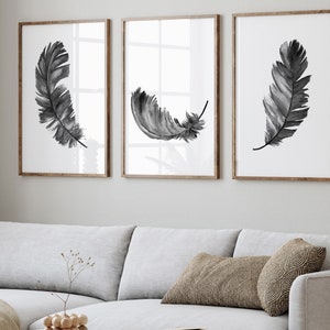 Feather Minimalist Decor, Abstract Art Print, Black and White Wall Art Modern Decor Extra Large Poster, Giclee Print set of 3 Canvas