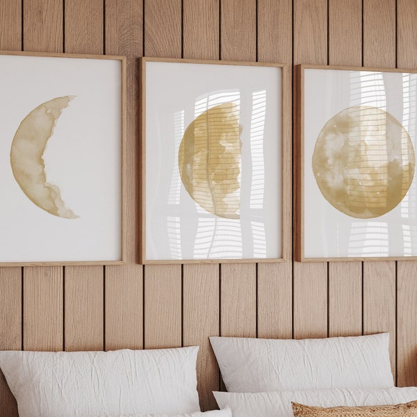 Moon Painting, Golden Yellow Full Moon set of 3 Bedroom Decor, Extra Large Canvas Wall Art, Half Moon Painting Minimalist Living Room