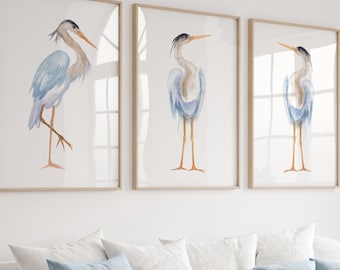 Birds of america | Blue heron painting | Great blue heron wall art | Bird lover gift idea | set of 3 Prints on canvas or poster paper