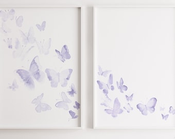 Pastel Purple Butterflies, Set of 2 Prints, Minimalist Wall Decor, Extra Large Watercolor, Baby Girl Nursery, Light Butterflies, Animal Art