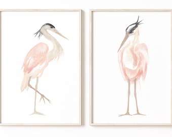 Heron painting. Heron print.  Heron wall art. Abstract bird poster set of 2 birds. Crane wall decor personalized custom peach gift idea.