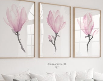 Purple Magnolia Print, Pink Flower Poster, Delicate Nursery Decor, Living Room Wall Art, Anniversary Mom Girl Gift Idea, Birthday set of 3