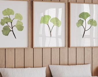 Gingko Wandbild, Gingko Kunstdruck, Gingko Blatt, Gingko Biloba Drucke, Gingko Wanddekor 3er Set Blätter