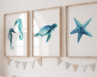Nautical Giclee Print Set: Seahorse, Sea Turtle, Starfish Kids Decor