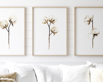 Cotton Print, Cotton Art Print, Print Wall Art Natural, Cotton Wall Art, Botanical Wall Decor, Cottom Stems, set of 3 Cotton Flowers Decor