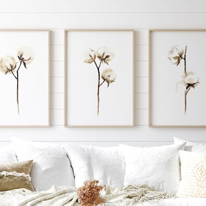 Cotton Print, Cotton Art Print, Print Wall Art Natural, Cotton Wall Art, Botanical Wall Decor, Cottom Stems, set of 3 Cotton Flowers Decor image 1