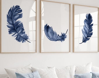 Feather Art, Navy Wall Decor, Blue Feather set of 3