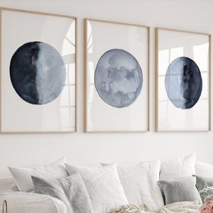 Moon Phases Wall Art Print, Navy Blue Bedroom Decoration, Master Bedroom Wall Decor set 3 Watercolor Painting, Navy Wedding Anniversary Gift