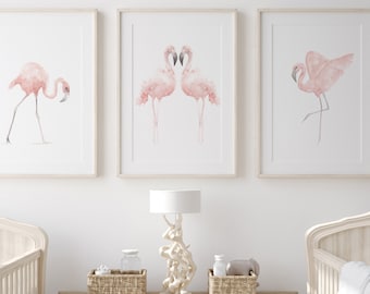 Flamingo Watercolor Painting, Nursery Art Print, Pink Flamingo Kids Room Decor, Baby Shower Gift, set of 3 Prints, Pastel Birthday Gift Idea