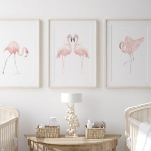 Flamingo Watercolor Painting, Nursery Art Print, Pink Flamingo Kids Room Decor, Baby Shower Gift, set of 3 Prints, Pastel Birthday Gift Idea