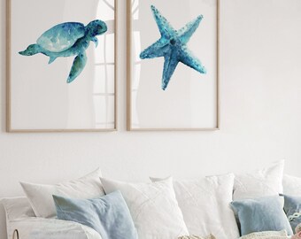 Coastal Decor Sea Life Painting, Sea Turtle and Starfish Blue Ocean Girlfriend Gift illustration Print, Nautical Wall Art set of 2