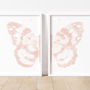 Pink Butterfly Painting, Blush Pink Butterflies, set of 2 Minimalist Poster, Abstract Watercolor, Nursery Wall Art, Girls Abstract Art Print