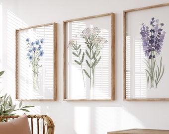 Lavender Art, Milfoil Yarrow Wall Print, Flax Botanical Poster, Gallery Wall set of 3 Herbs, Kitchen Home Decor, Green Blue Purple Flowers