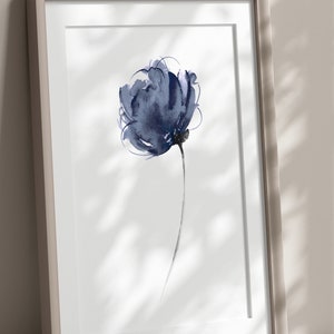 Abstract Flower Painting, Navy Minimalist Peony, Modern Floral Wall Art, Minimalist Wall Decor, Blue Home Decor, Botanical Watercolor Print