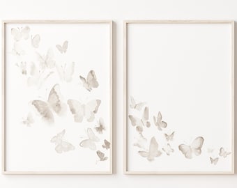 Butterfly Path, Pastel Beige Watercolor from Original Painting set of 2 Unique Prints for Nursery Girl Room