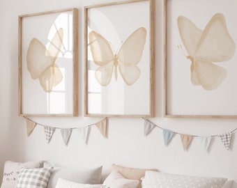 Butterfly Nursery Art, Kids Room Wall Decor, Minimalist Beige Poster set of 3 Prints, Pastel Delicate Abstract Children's Room Painting