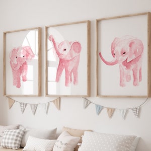 Pink Elephant Girl Nursery Decor Print Set of 3 Etsy