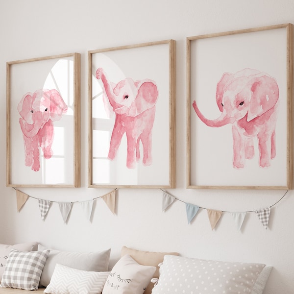 Pink Elephant Girl Nursery Decor Print  set of 3