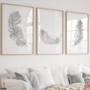set of 3 Feathers Painting, Feather Art, Feather Decor, Anniversary Gifts, Minimalist Feather Prints, Grey Art Print, Feather Painting