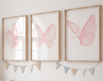 Butterfly Wall Art, Butterfly Art Print, Pink Butterfly Prints, set of 3 Butterflies, Nursery Painting, Nursery Wall Decor