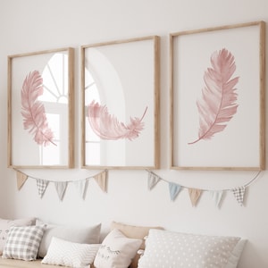 Feather Print Wall Art, Blush Pink Feather, set of 3 Nursery Decor, Three Feathers Art Print, Feather Wall Decor, Pink Wall Art