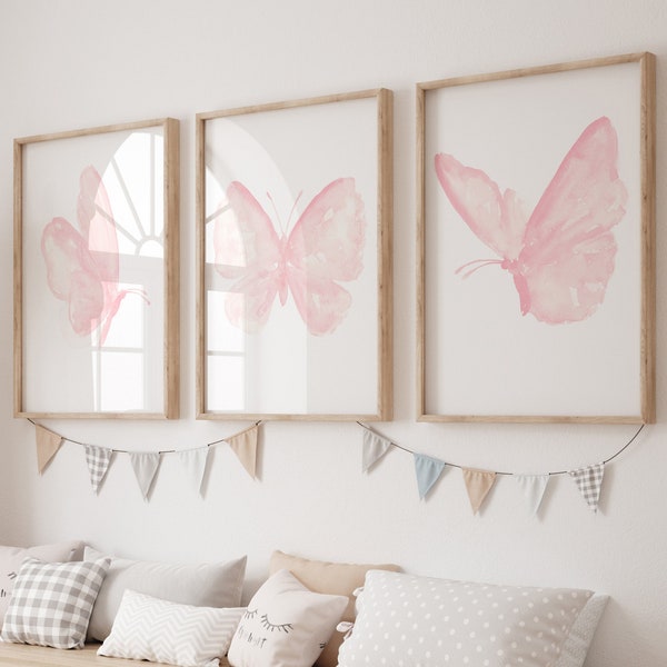 Art mural papillon, impression d'art papillon, impressions papillon rose, lot de 3 papillons, peinture pour chambre d'enfant, décoration murale pour chambre d'enfant