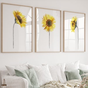 set of 3 Yellow Flower Painting, Botanical Sunflower Artwork, Sunflower Watercolor Print, Sunflower Painting Living Room Decor