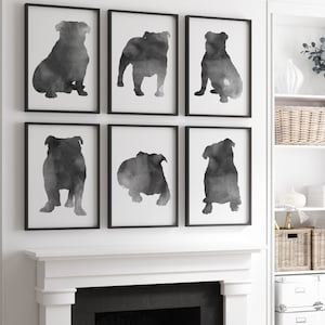English Bulldog Painting, Watercolor Wall Art, Gray Dog Artwork Minimalist Living Room Poster, 6 Piece Wall Art, set of 6 Modern Art Prints