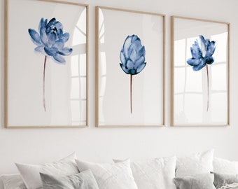 Lotus Flower Illustration Water Flowers Print Floral Wall Art, Abstract Blue Flower Poster, Print Wall Hanging Navy Wall Decor Set of 3