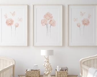 Pink wall art  | Wildflower nursery, | Blush pink peony set of 3 prints | Boho nursery prints | Nursery wall decor