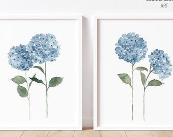 Blue Hydrangea Flowers set of 2 High Quality Canvas Prints of my Original Paintings, Blue and Green Floral Wall Decor, Hydrangea Wall Art