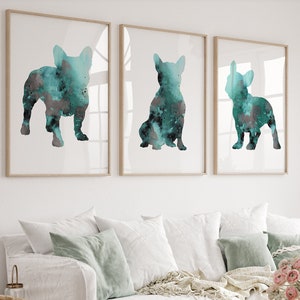 set of 3 French Bulldog Prints Teal Wall Decor Frenchie Poster Turquoise Abstract Dog Silhouette Green Watercolor Painting Modern Art Print