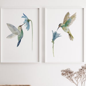 Hummingbird Print set of 2, Bird Art Print, Blue Hummingbird, Modern Illustration, Hummingbird Home Decor, Hummingbird Wall Decor, Art