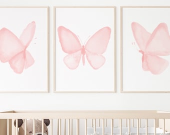 Butterfly Medium Pink, Baby Pink Nursery Art, set of 3 Prints, Baby Girl Nursery Decor, Kids Room Wall Art, Digital Pink Watercolor Painting