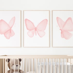 Butterfly Medium Pink, Baby Pink Nursery Art, set of 3 Prints, Baby Girl Nursery Decor, Kids Room Wall Art, Digital Pink Watercolor Painting