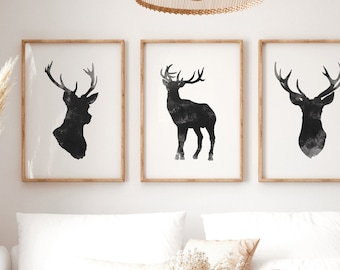 Deer Prints: Watercolor Stag Head Wall Art, Set of 3
