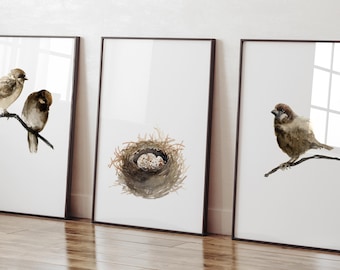 Set of 3 Sparrow Prints, Nest and Bird Wall Art, Baby Room Wall Decor, Gift for Family with Baby, Kids Room Art, Brown Nursery Prints