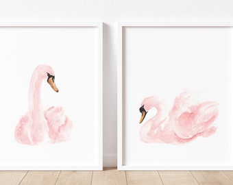 Swan Painting, Nursery Wall Decor, Swan Home Decor, Bird Wall Decor, Abstract set of 2 Extra Large Watercolor, Modern Blush Pink Art Print