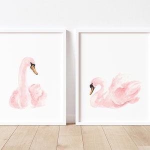 Swan Painting, Nursery Wall Decor, Swan Home Decor, Bird Wall Decor, Abstract set of 2 Extra Large Watercolor, Modern Blush Pink Art Print