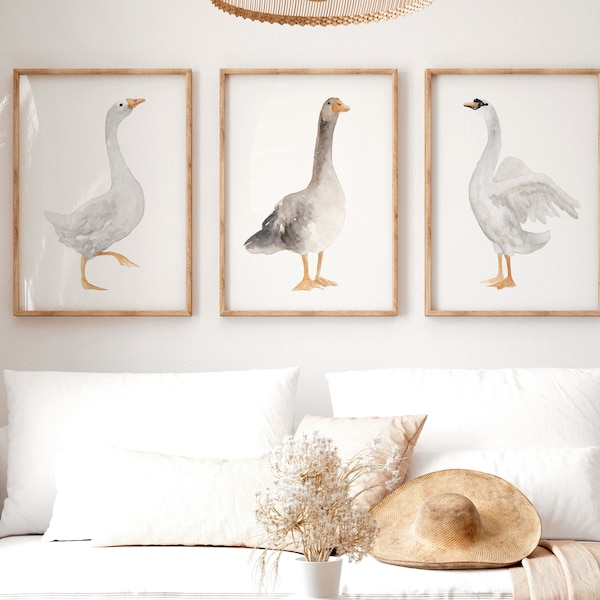 Goose Print set of 3, Cottage Chic Art Print, Taupe White Goose, Nature Illustration, Goose Home Decor, Swan Wall Decor, Goose Art