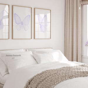 Juego de 3 cuadros de mariposas moradas, impresiones de acuarela en violeta pastel, pósteres de mariposas para guardería, decoración de pared en violeta suave