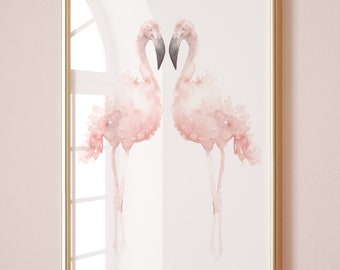 Flamingo Pink Painting, Bird Nursery Art, Blush Pink Wall Art Living Room Decor, Abstract Art Print, Twins Birthday Gift Idea