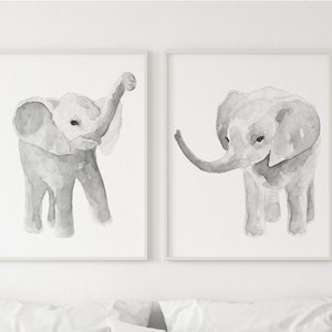 Minimalist Elephant, set of 2 Elephant Painting, Elephant Poster, Grey Elephant Painting, Nursery Art Print